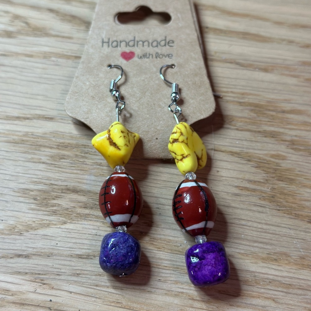 Football Team Inspired Handmade Yellow and Purple Beaded Earrings